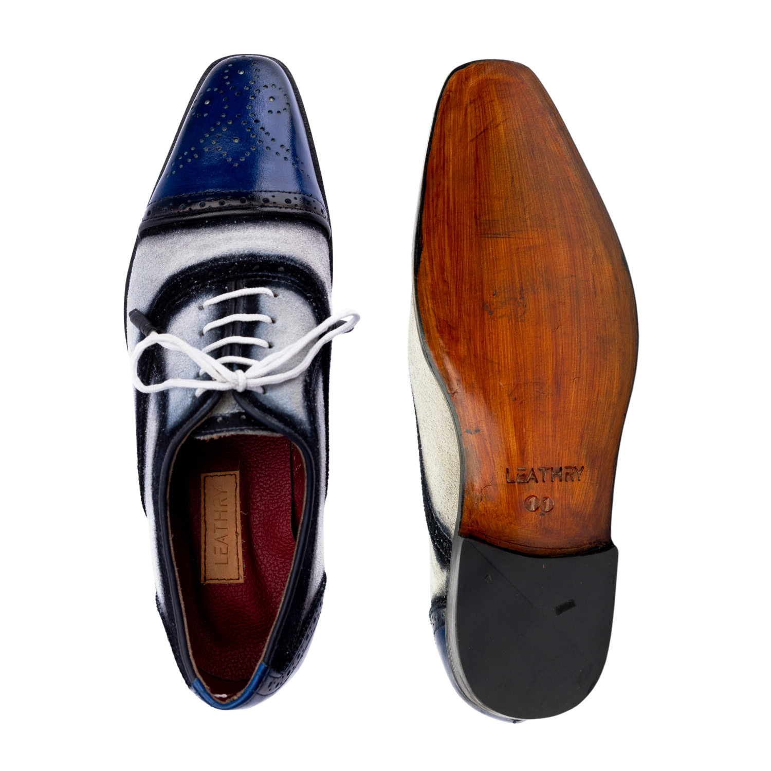 Black dress shoe with white laces and wooden sole on a white background