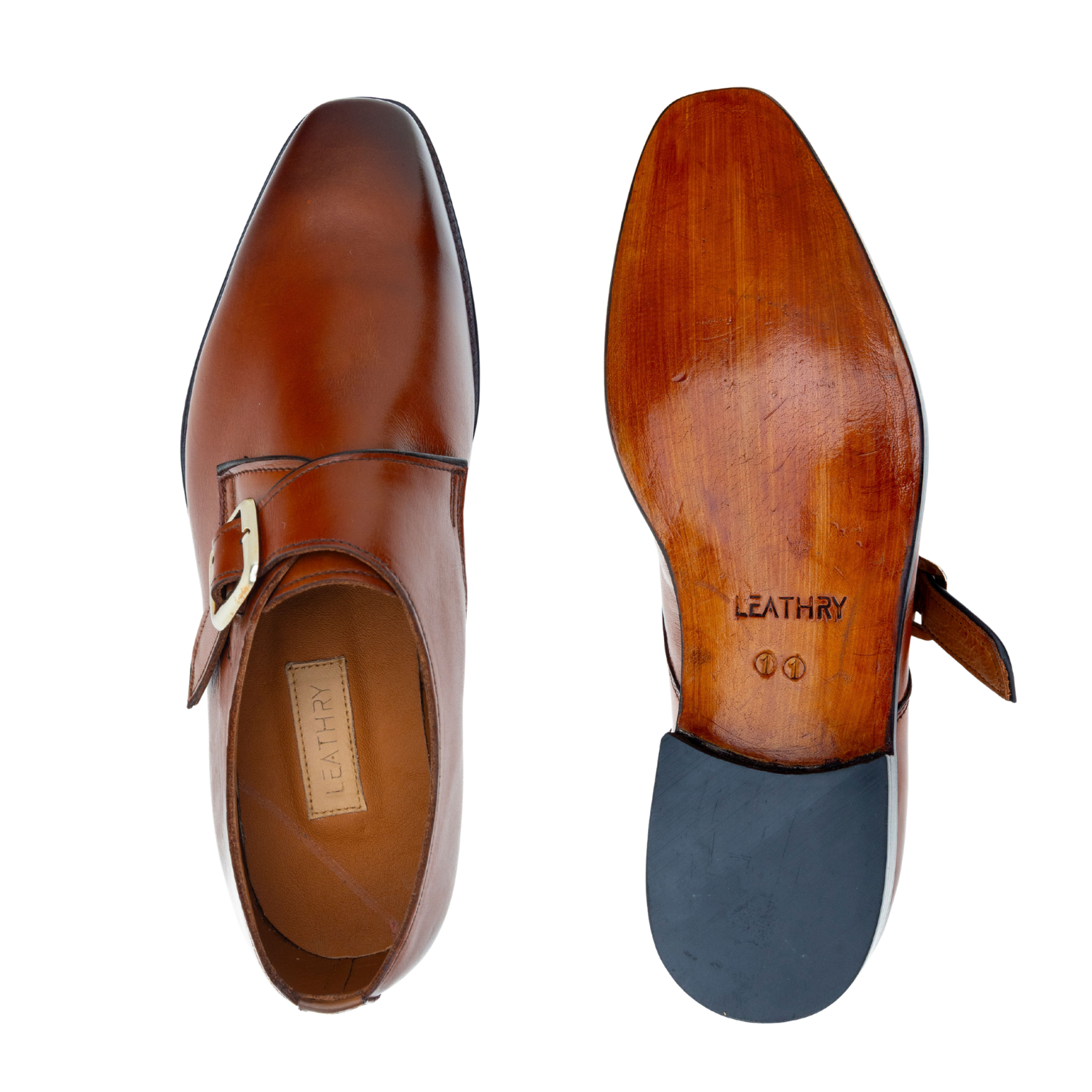 Brown leather shoes with 'Leathry' branding on a white background