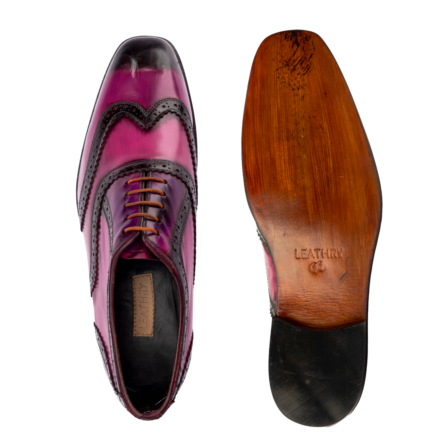 Purple leather shoe with wooden sole on a white background