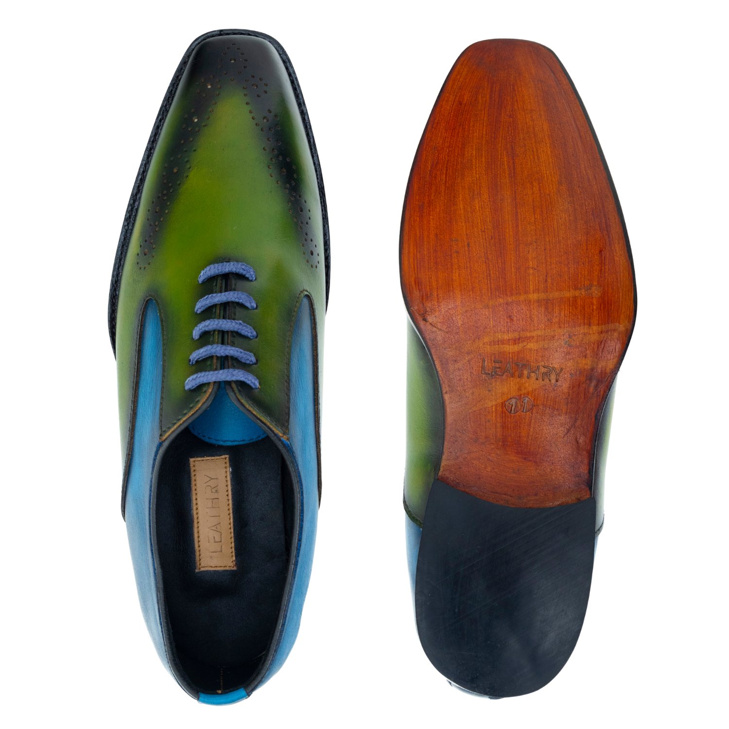 Green and blue dress shoe with wooden sole on a white background