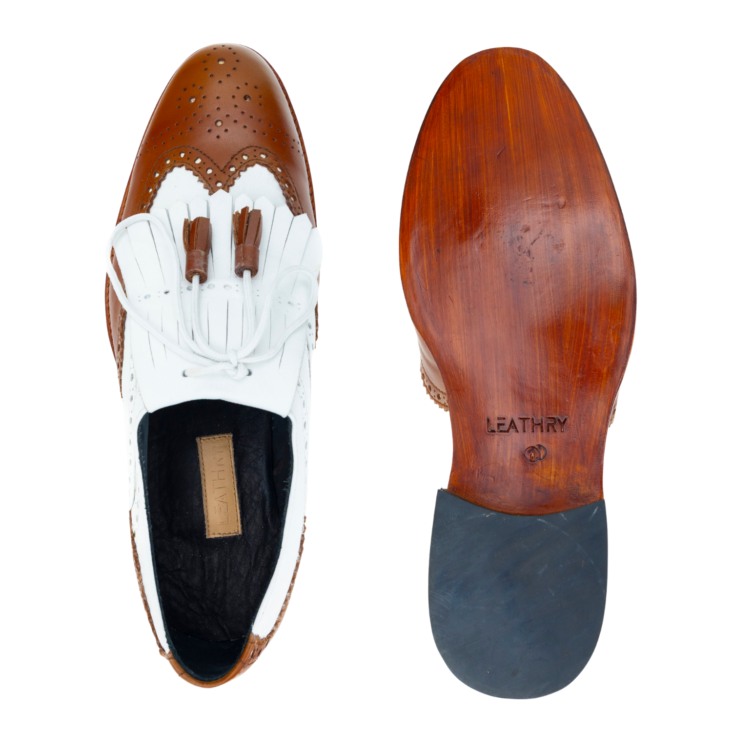 Brown and white dress shoe with wooden sole on a white background