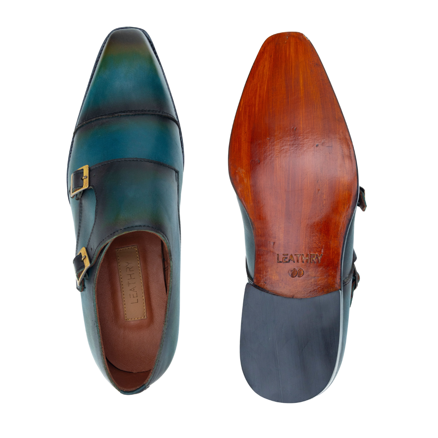 Two leather shoes, one blue and one brown, on a white background