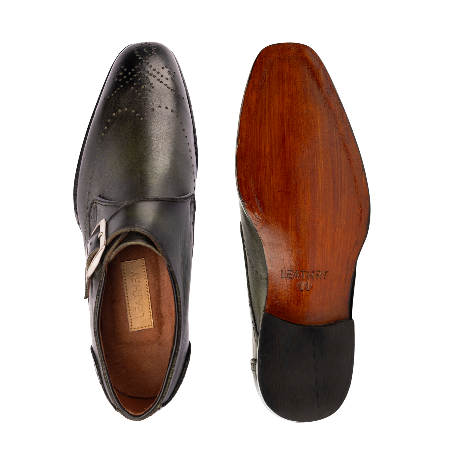 Black leather dress shoe with wooden sole on a white background