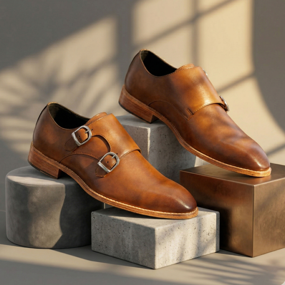 Pair of brown leather shoes with buckles on concrete blocks against a neutral background