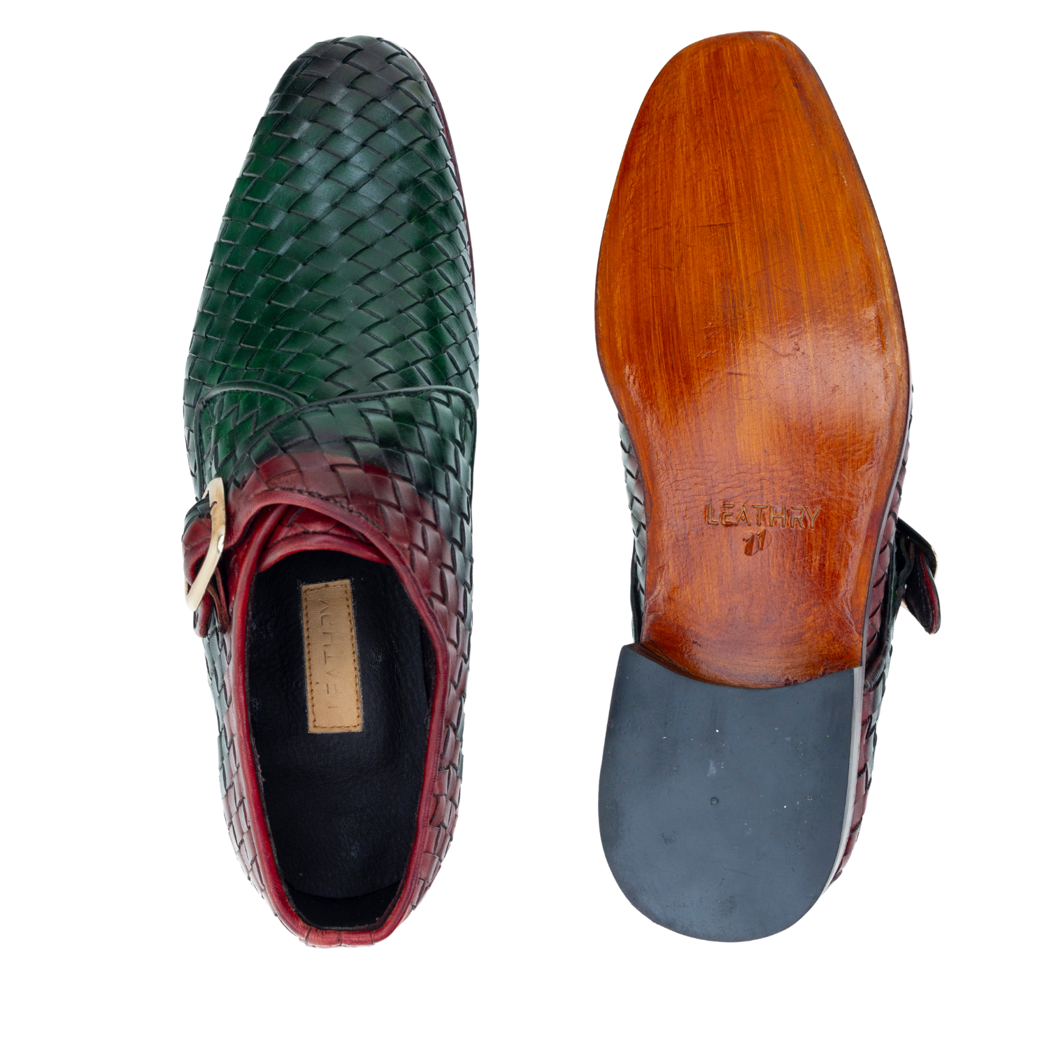 Green woven shoe with red accents and wooden sole on a white background
