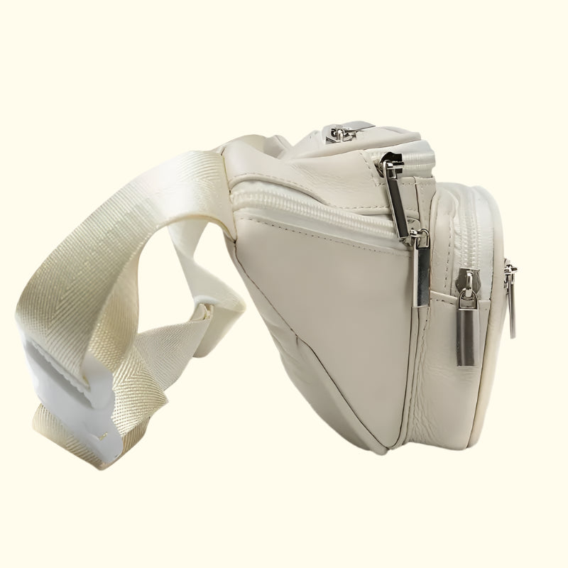White waist bag with multiple zippers on a white background