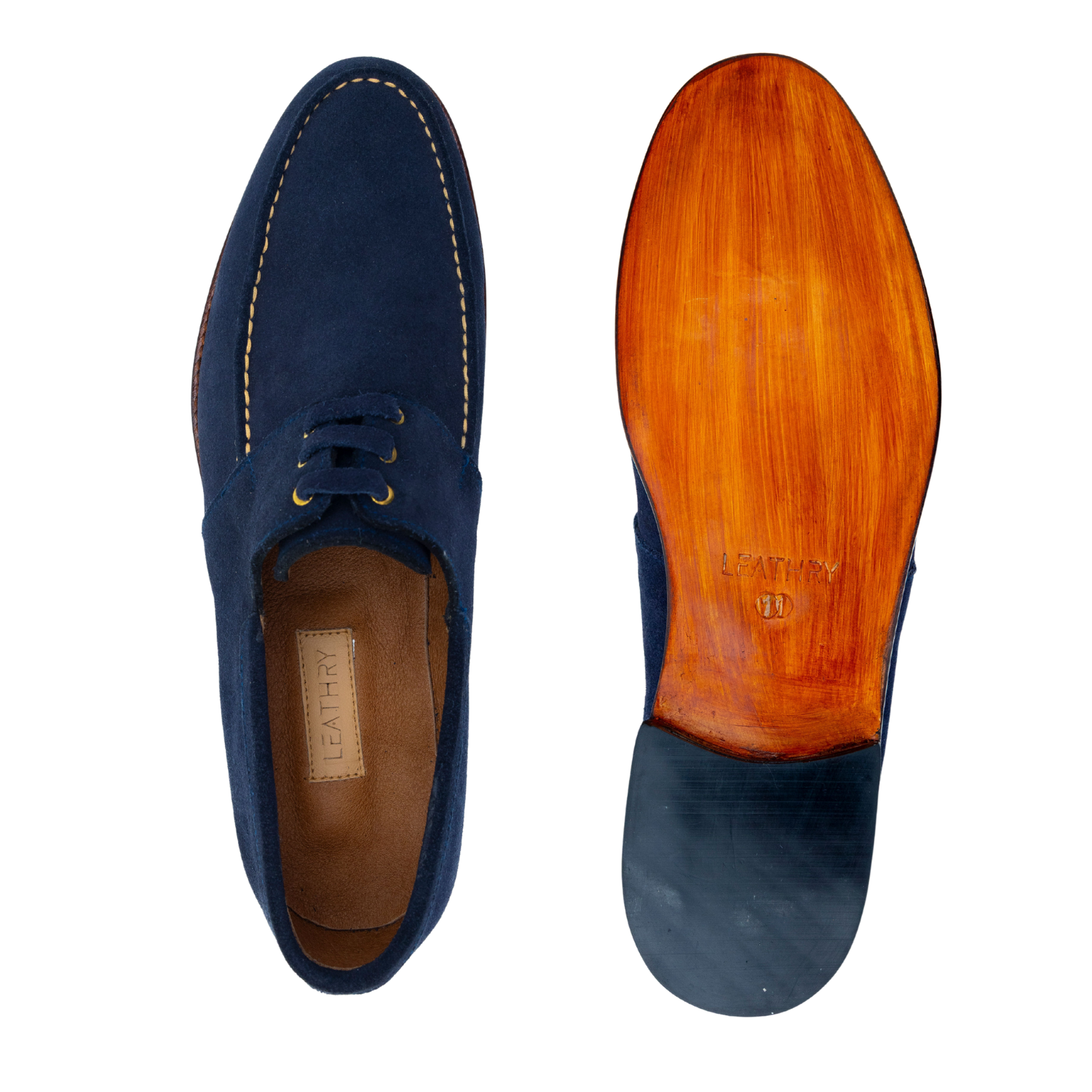 Navy blue leather shoe with wooden sole on a white background