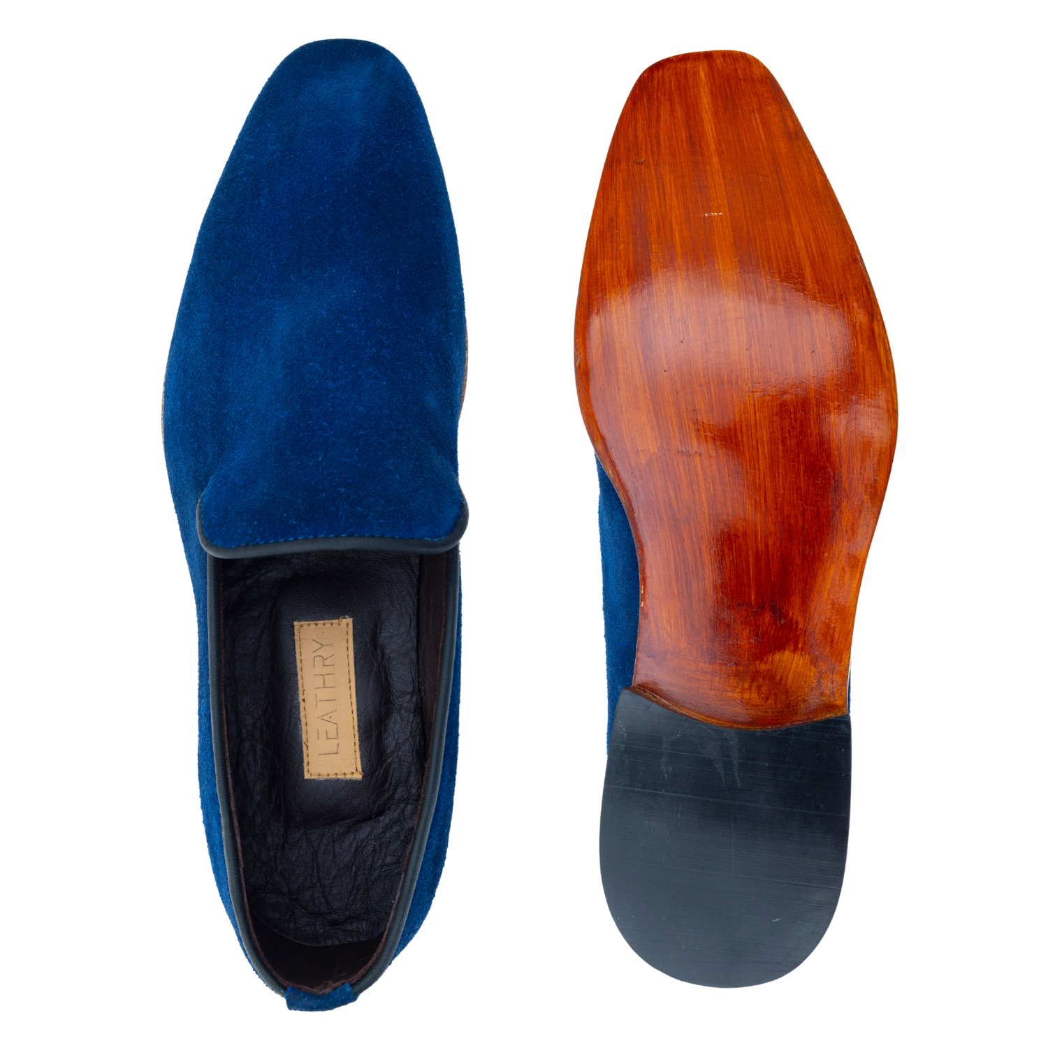 Blue suede shoe with wooden sole on a white background