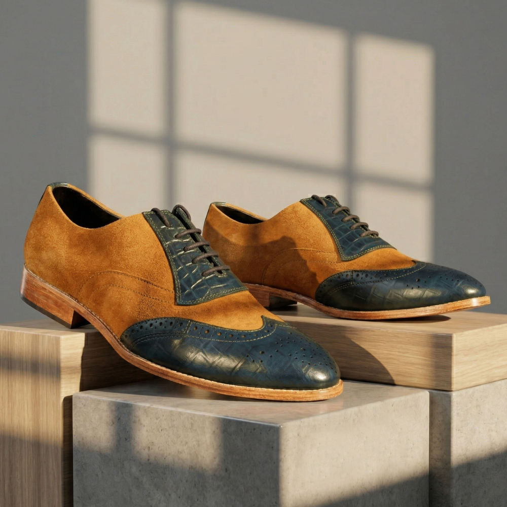 Pair of brown and blue dress shoes on a geometric surface with a window shadow background