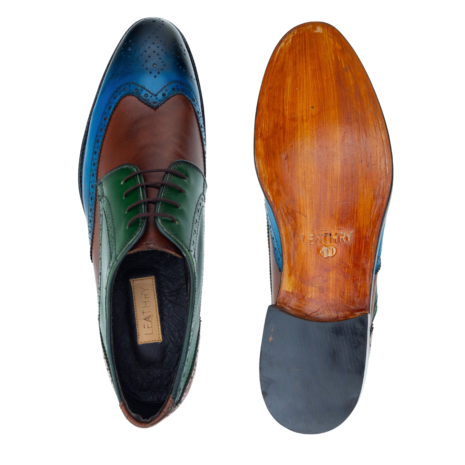 Multicolored dress shoe with wooden sole on a white background
