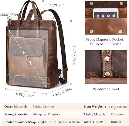 Brown leather backpack with measurements and features highlighted