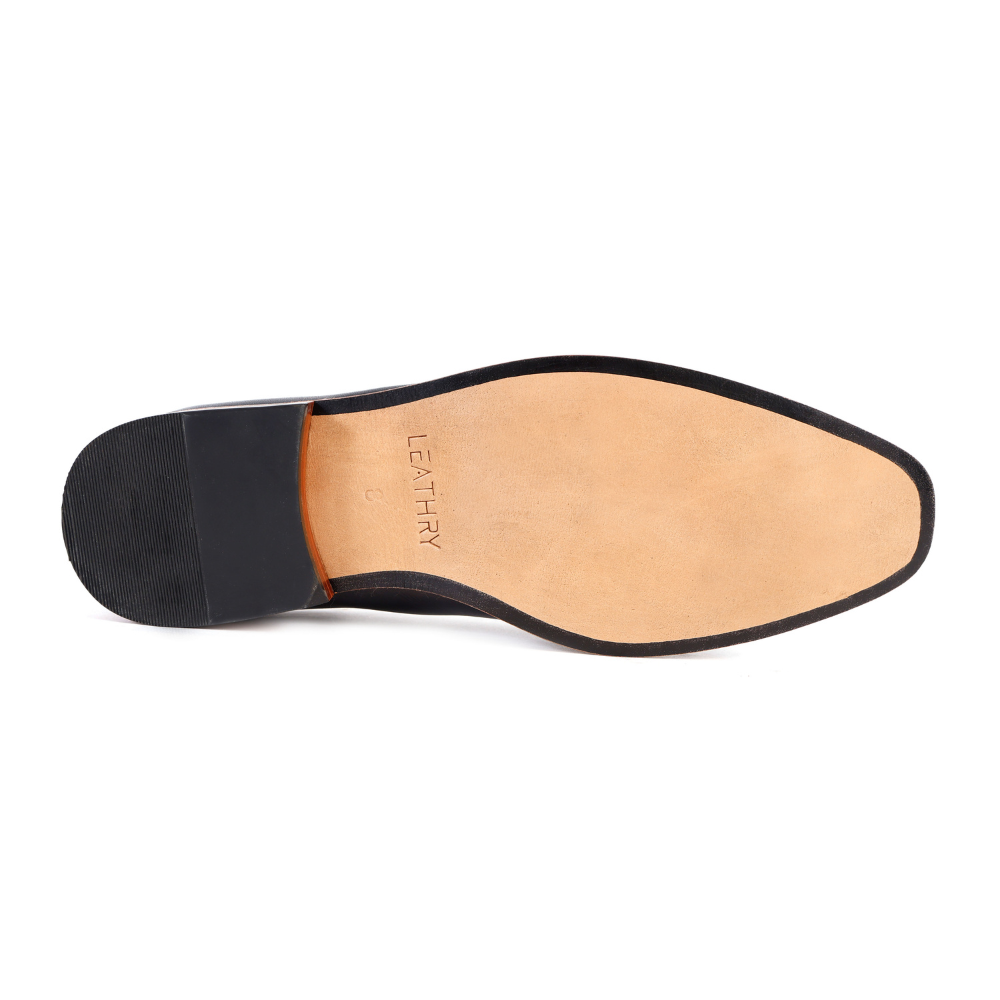 Close-up of a shoe sole with 'Leather' text on a white background