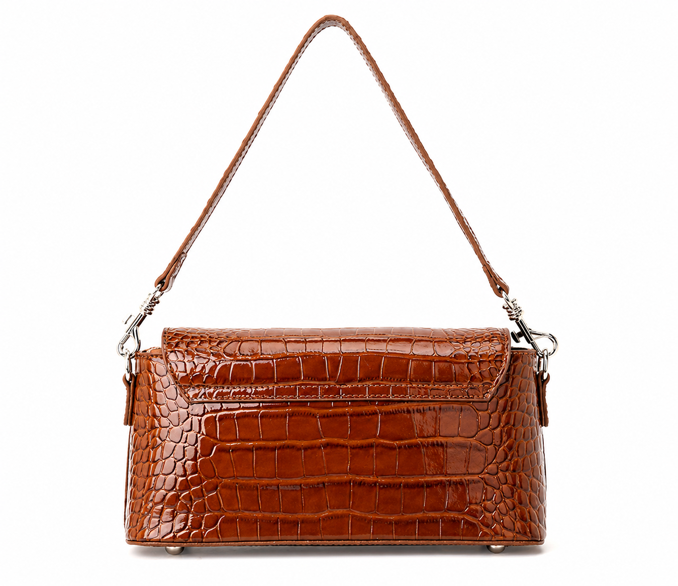 A brown crocodile-embossed leather handbag with a matching shoulder strap and silver-tone hardware, shown against a plain white background.