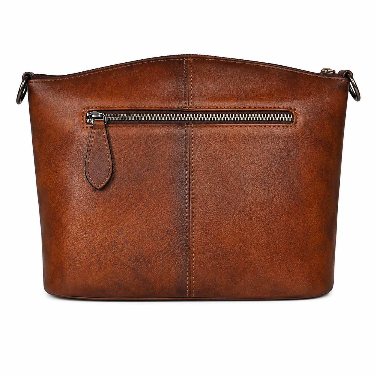 A brown faux-leather crossbody bag with a curved top, a vertical center seam, a front zippered pocket, and a matching leather pull tab, shown against a plain white background.