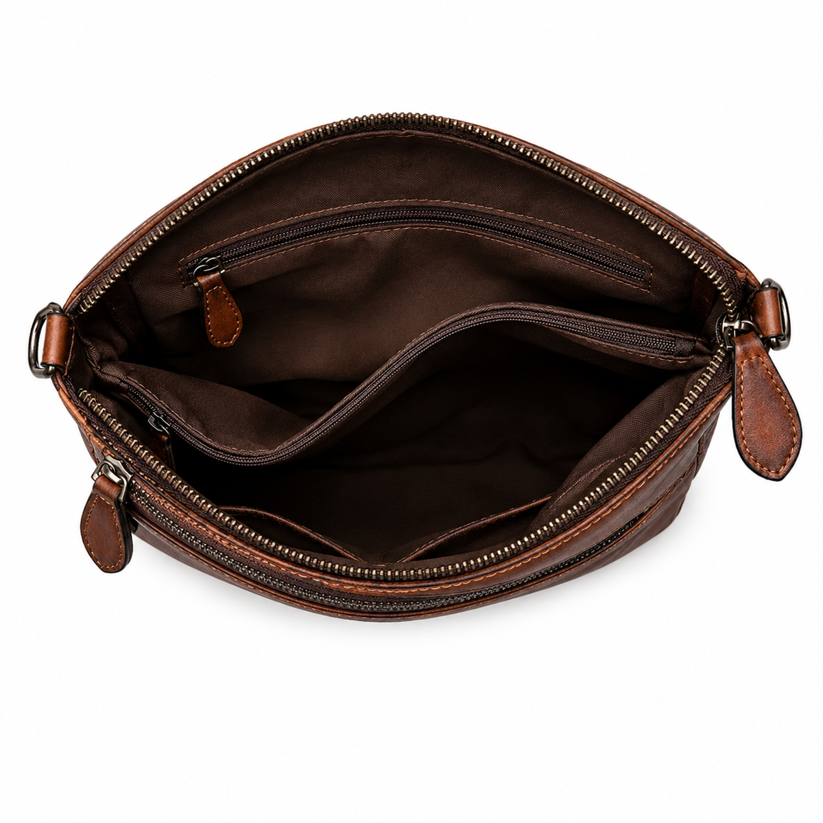Open brown leather clutch or small bag showing the interior compartments, including a main zip pocket, a smaller zip pocket, and a curved inner divider, on a white background.