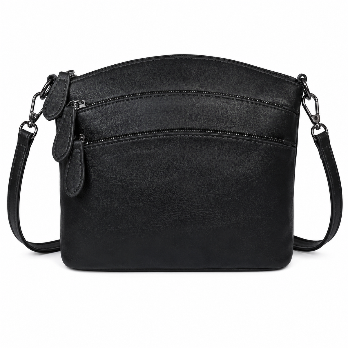 Black faux-leather crossbody bag with a curved top, two horizontal zipper compartments, and an adjustable shoulder strap, shown on a plain white background.
