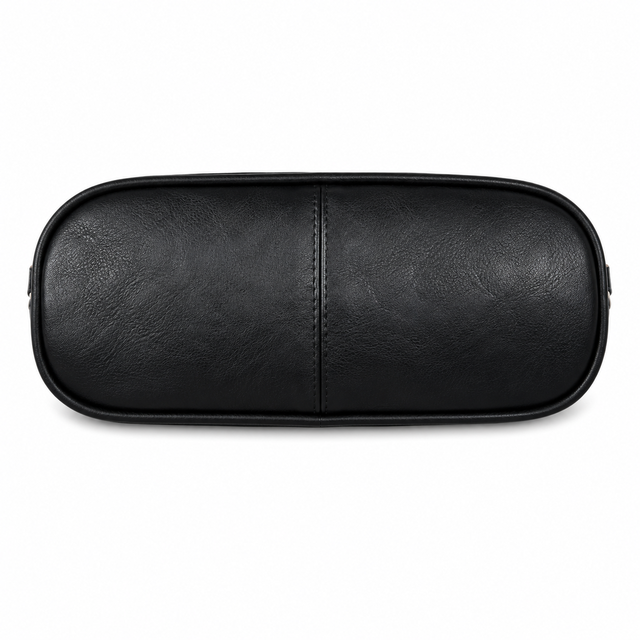 A black faux-leather rectangular pouch with rounded corners and a central vertical seam, shown from a top-down view on a white background.