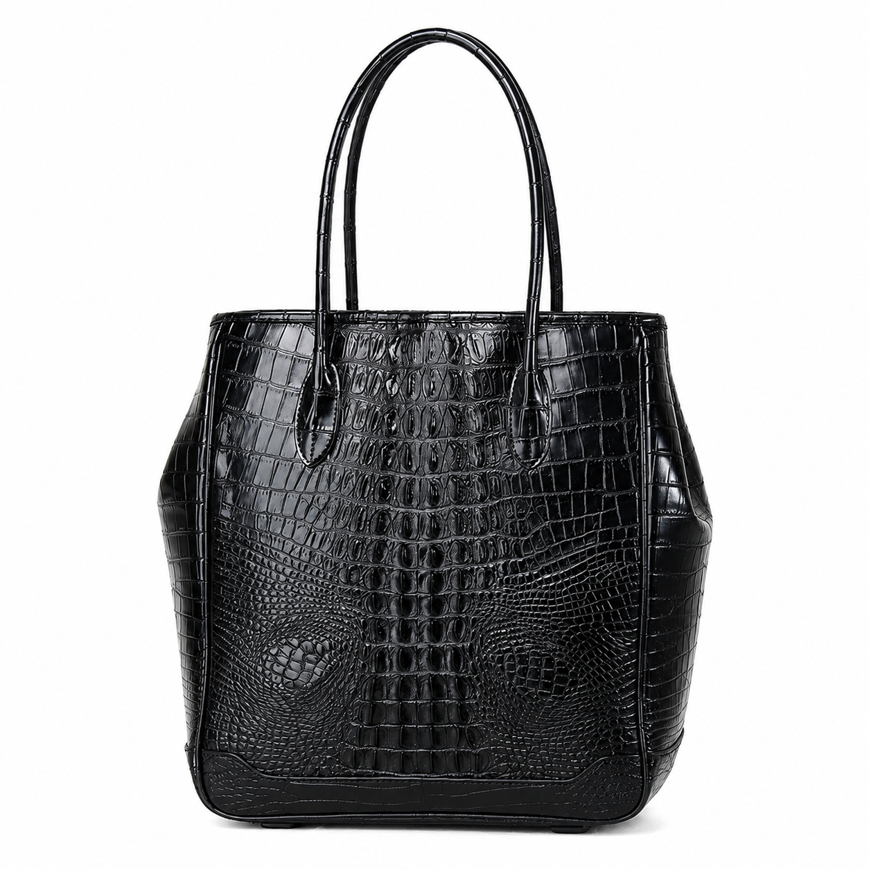 A black crocodile-embossed leather tote bag with dual top handles, shown against a plain white background.