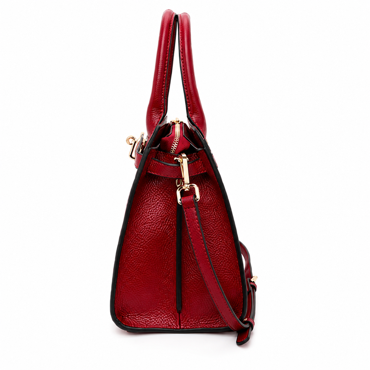 A red textured leather handbag shown from the side against a plain white background, featuring gold-tone hardware and a matching red shoulder strap.