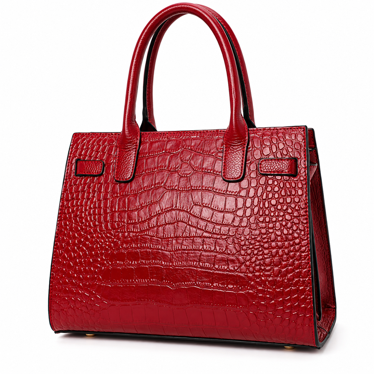 A red crocodile-embossed leather handbag with dual top handles, shown on a clean white background.