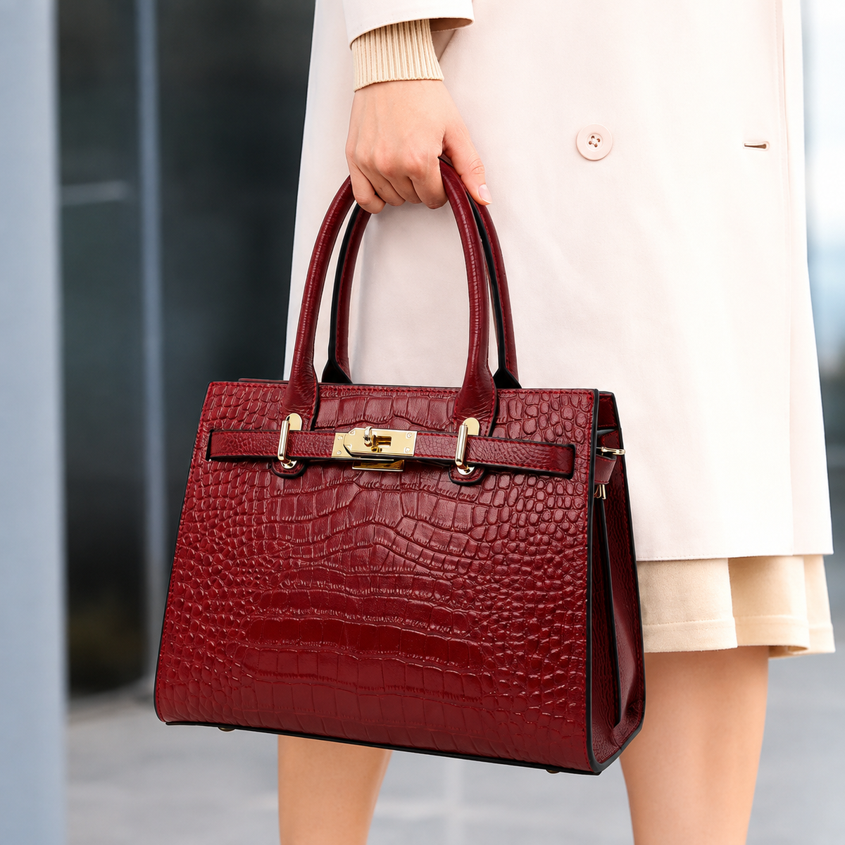 A woman in a cream-colored coat holds a structured red crocodile-embossed leather handbag with gold-tone hardware.