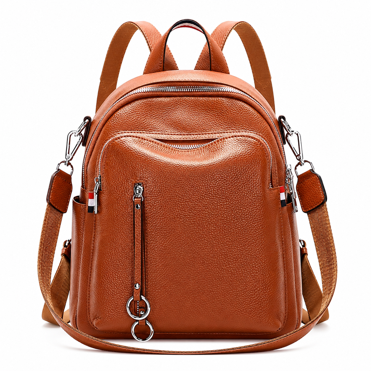 A brown pebbled leather backpack with multiple zippered compartments, dual shoulder straps, and side straps, shown on a plain white background.