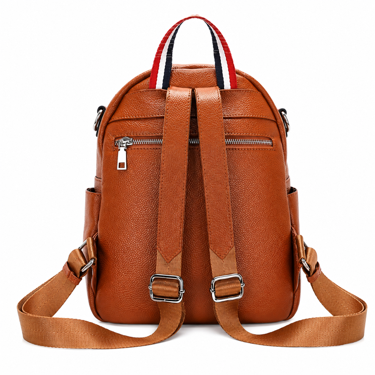 A brown pebbled faux-leather backpack shown from the back, featuring two adjustable shoulder straps with silver buckles, zippered compartments, and a top handle with red, white, and blue stripes.