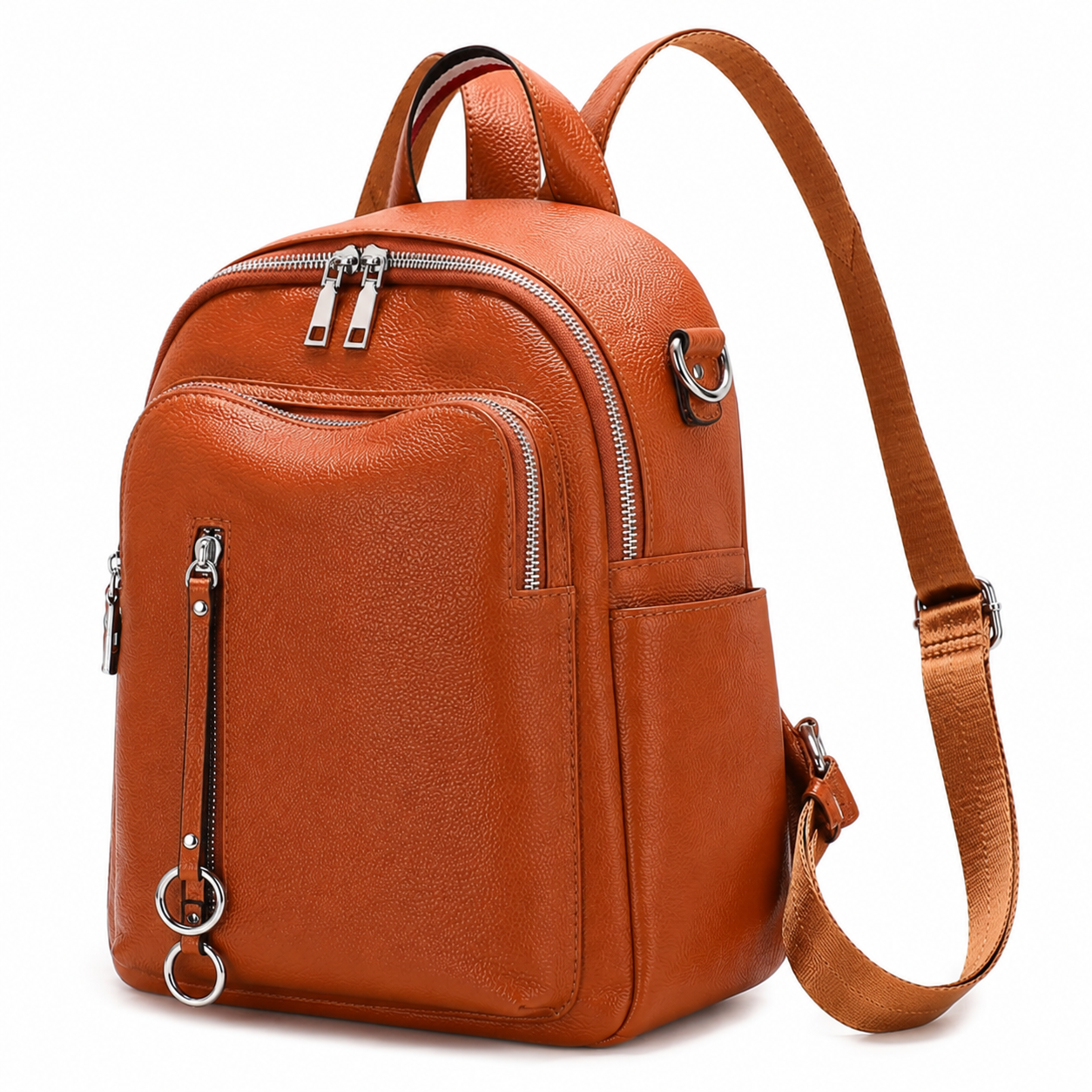 A brown textured leather backpack with multiple zippered compartments, silver-tone hardware, and an adjustable shoulder strap, shown on a plain white background.