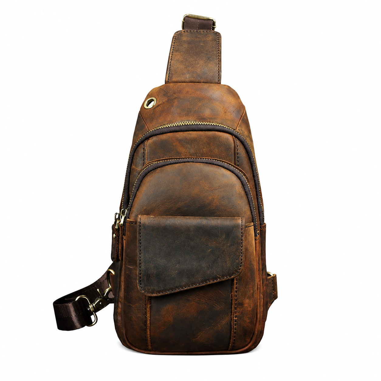 A brown distressed leather sling bag with a front flap pocket, zippered compartments, and a single shoulder strap, shown against a plain white background.