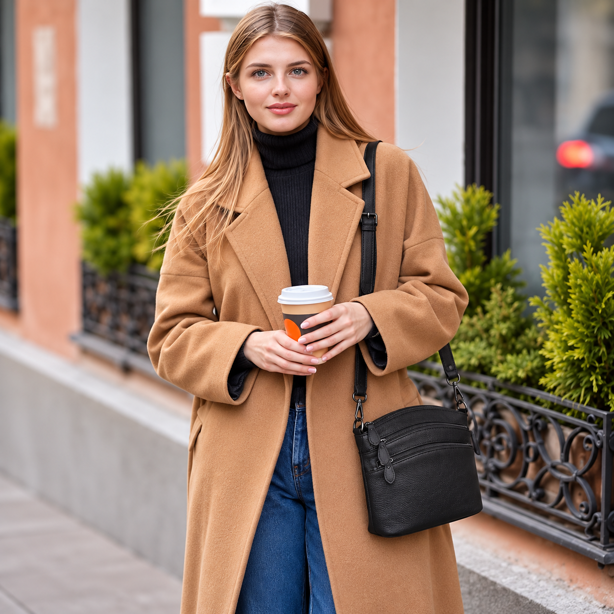 A woman stands on a city sidewalk wearing a camel-colored coat over a black turtleneck and blue jeans, carrying a black crossbody bag and holding a takeaway coffee cup.