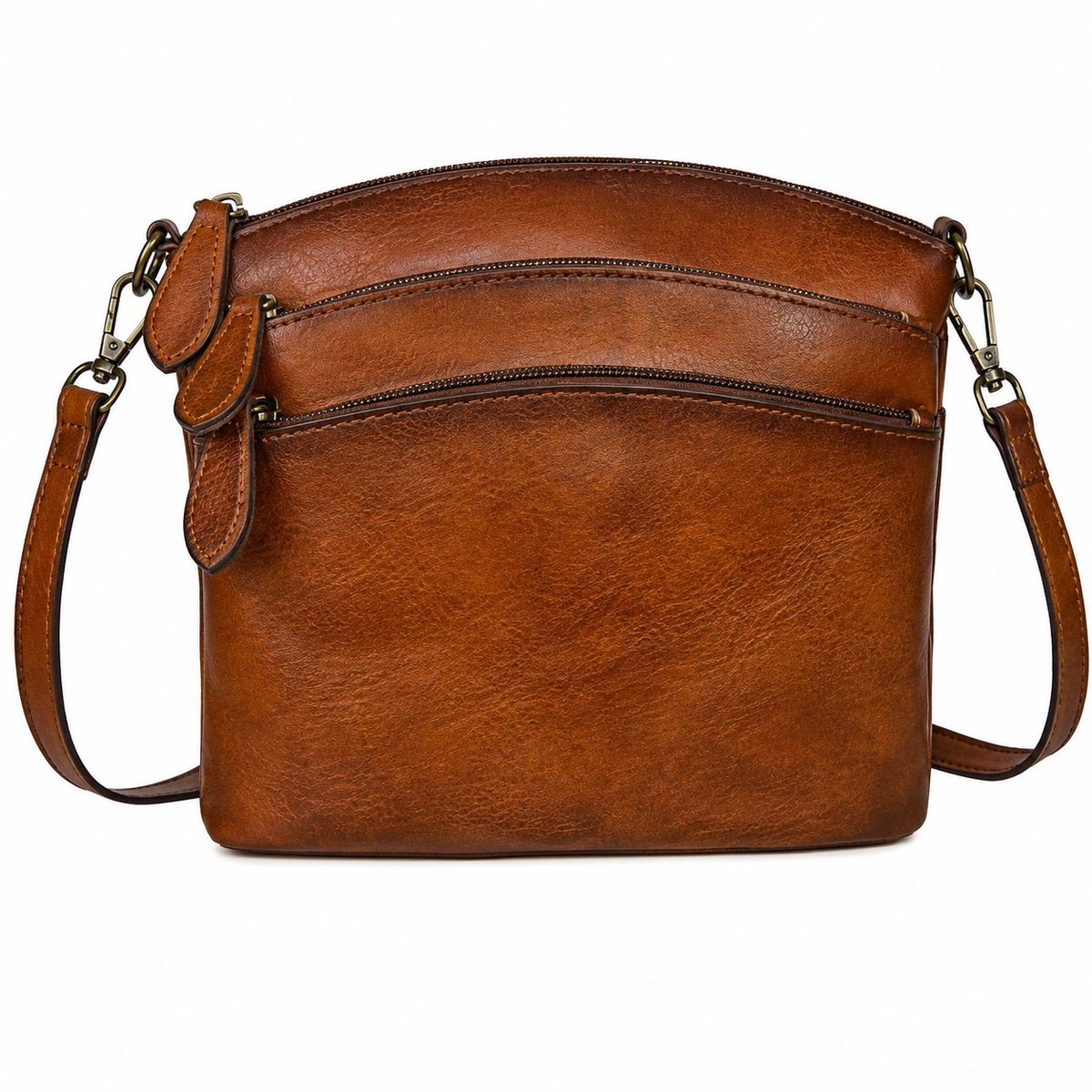 A brown faux-leather crossbody bag with a curved top, two horizontal zipper compartments, and a matching shoulder strap, shown against a plain white background.