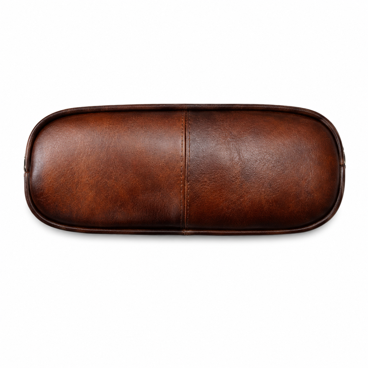 A brown faux-leather eyeglasses case with a rounded rectangular shape and a central seam, shown from a top-down view on a white background.