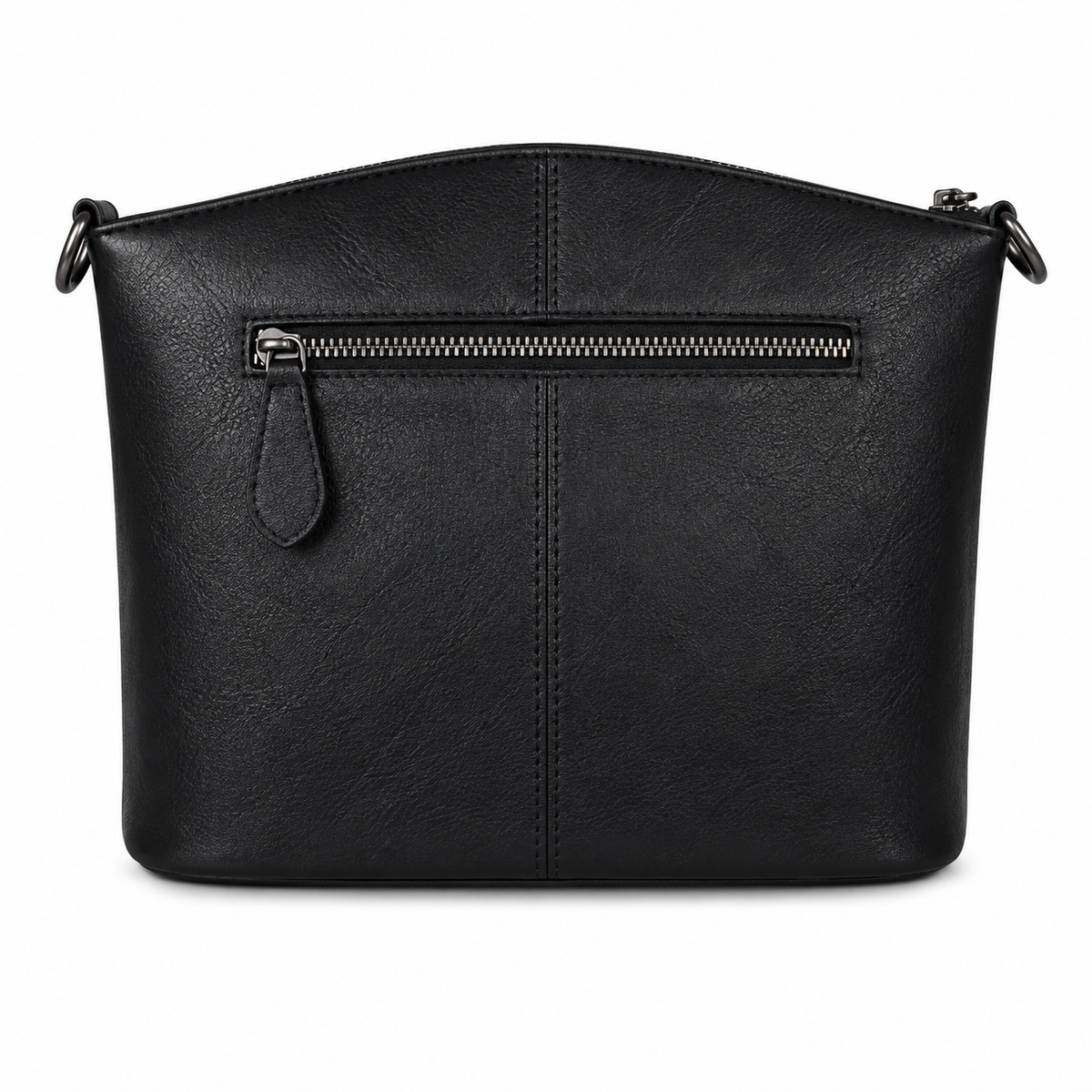 Black faux-leather shoulder bag with a curved top, a front horizontal zippered pocket, and a small leather pull tab, shown on a plain white background.