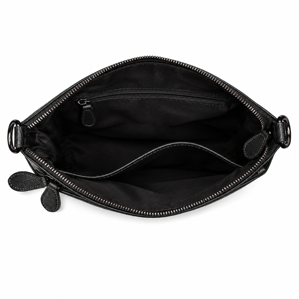 Black leather clutch bag shown open from the front, displaying a black fabric interior with a zippered pocket and silver-tone zipper hardware, set against a plain white background.