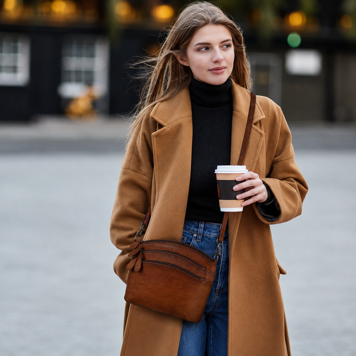 A woman wearing a camel brown coat and black turtleneck stands outdoors holding a coffee cup and wearing a brown leather crossbody bag.