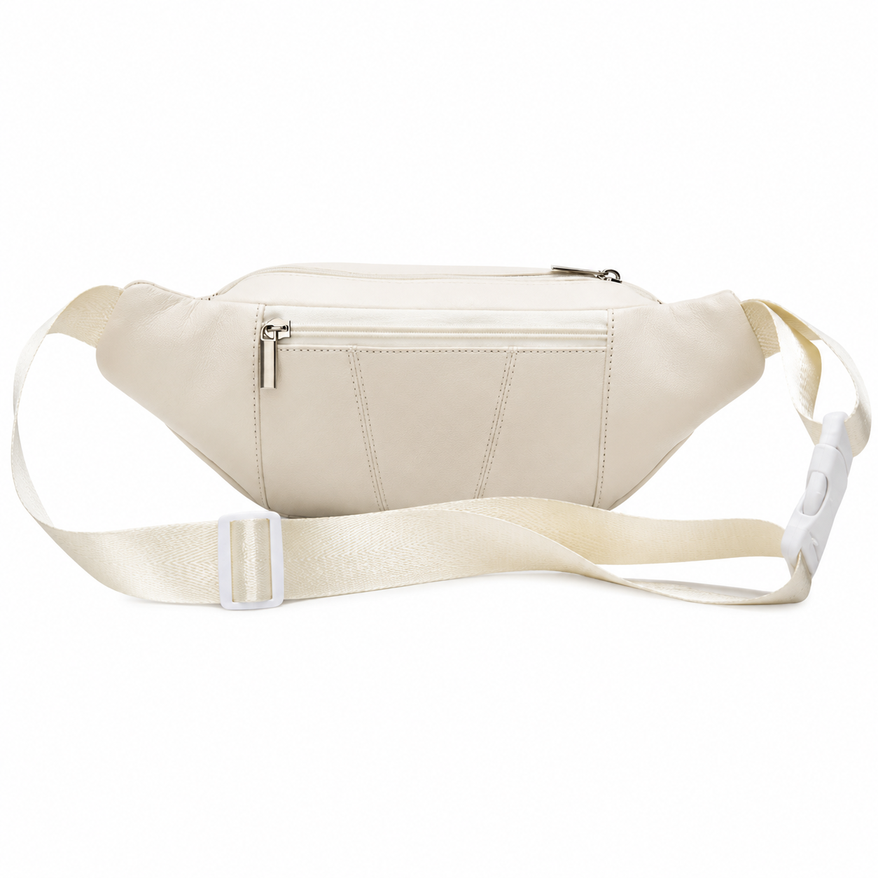 A cream-colored leather fanny pack with a matching adjustable webbing strap and silver-tone hardware, displayed on a clean white background.