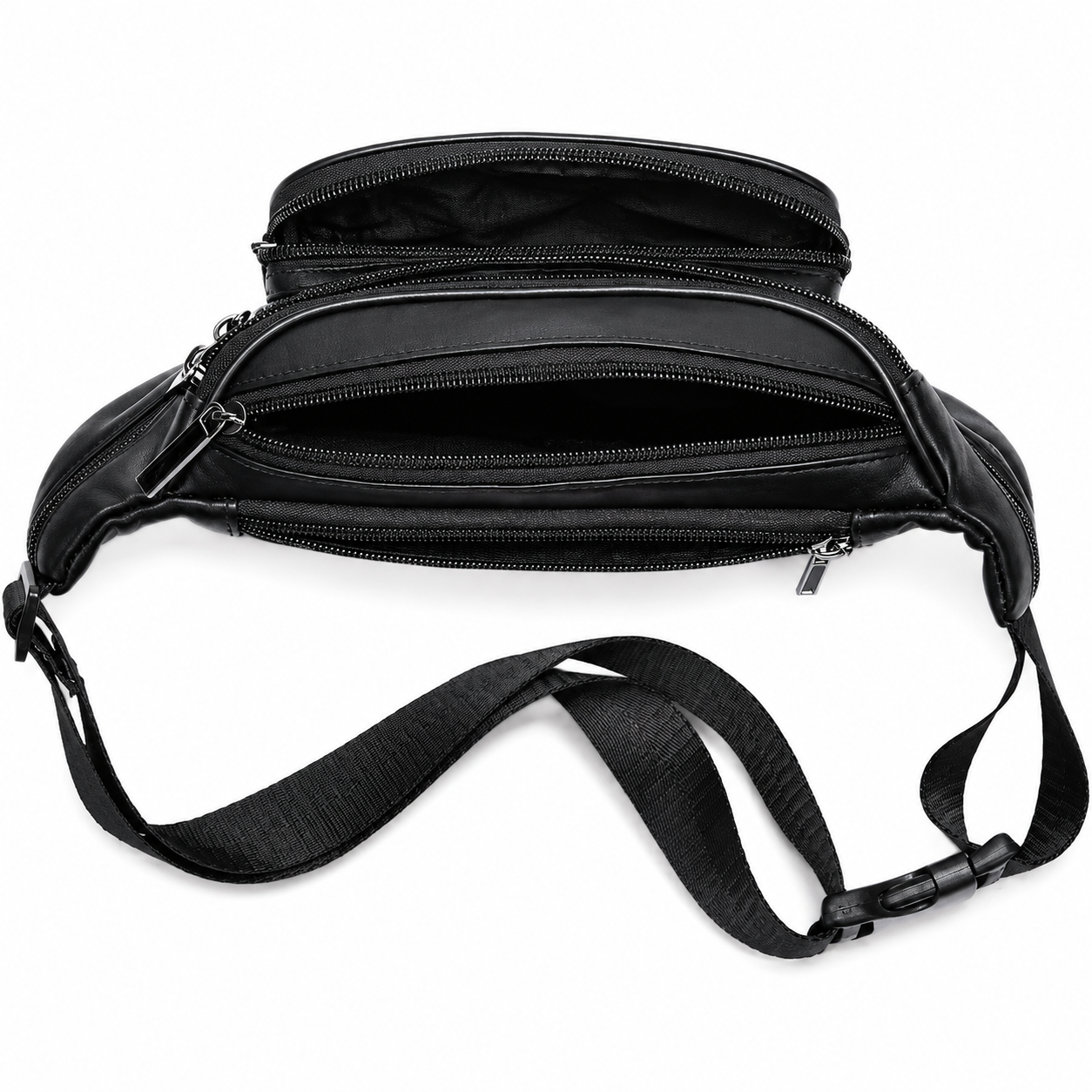 Black waist bag with multiple zippered compartments and an adjustable webbing strap, shown open on a white background.