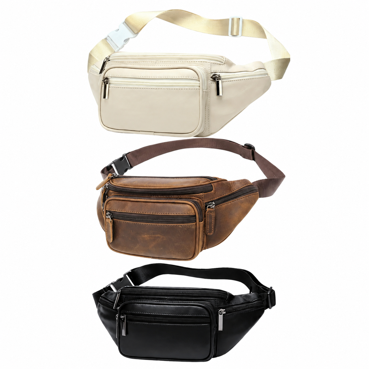 Three waist bag/fanny pack styles shown on a plain white background: a cream canvas version at the top, a distressed brown leather version in the middle, and a smooth black faux-leather version at the bottom. Each bag has multiple zip compartments and an adjustable strap.
