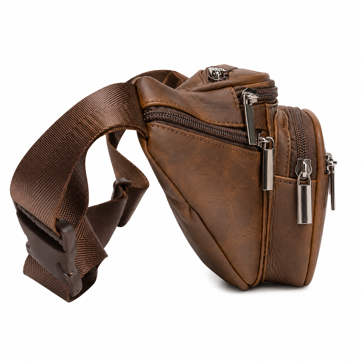 A brown faux-leather fanny pack with multiple zippered compartments and an adjustable webbing strap, shown on a plain white background.