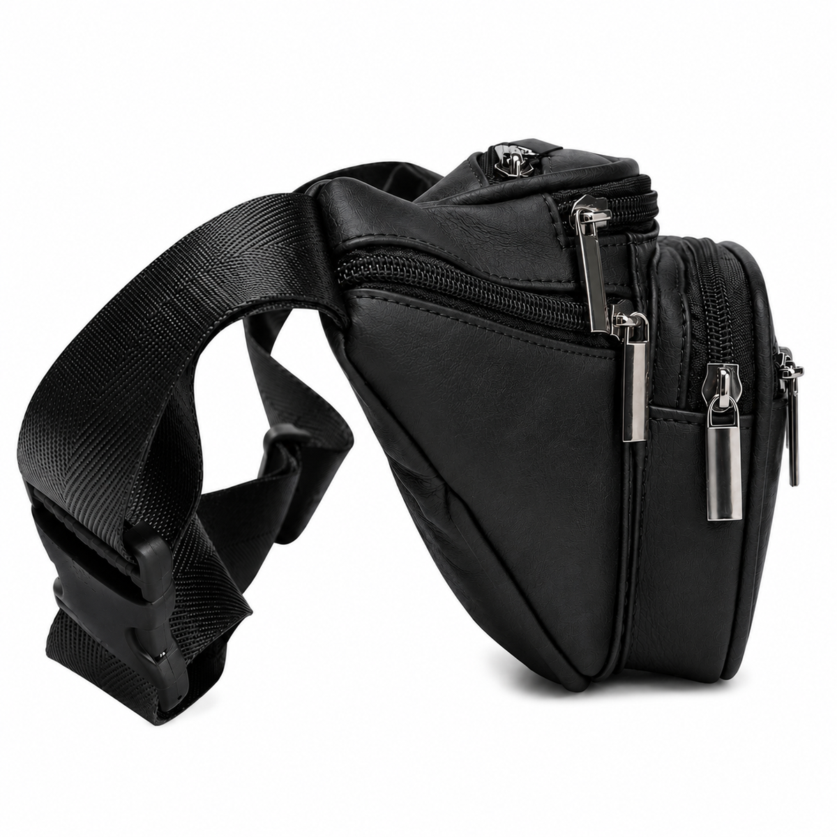 A black faux-leather waist bag with multiple zippered compartments and an adjustable webbing strap, shown on a plain white background.