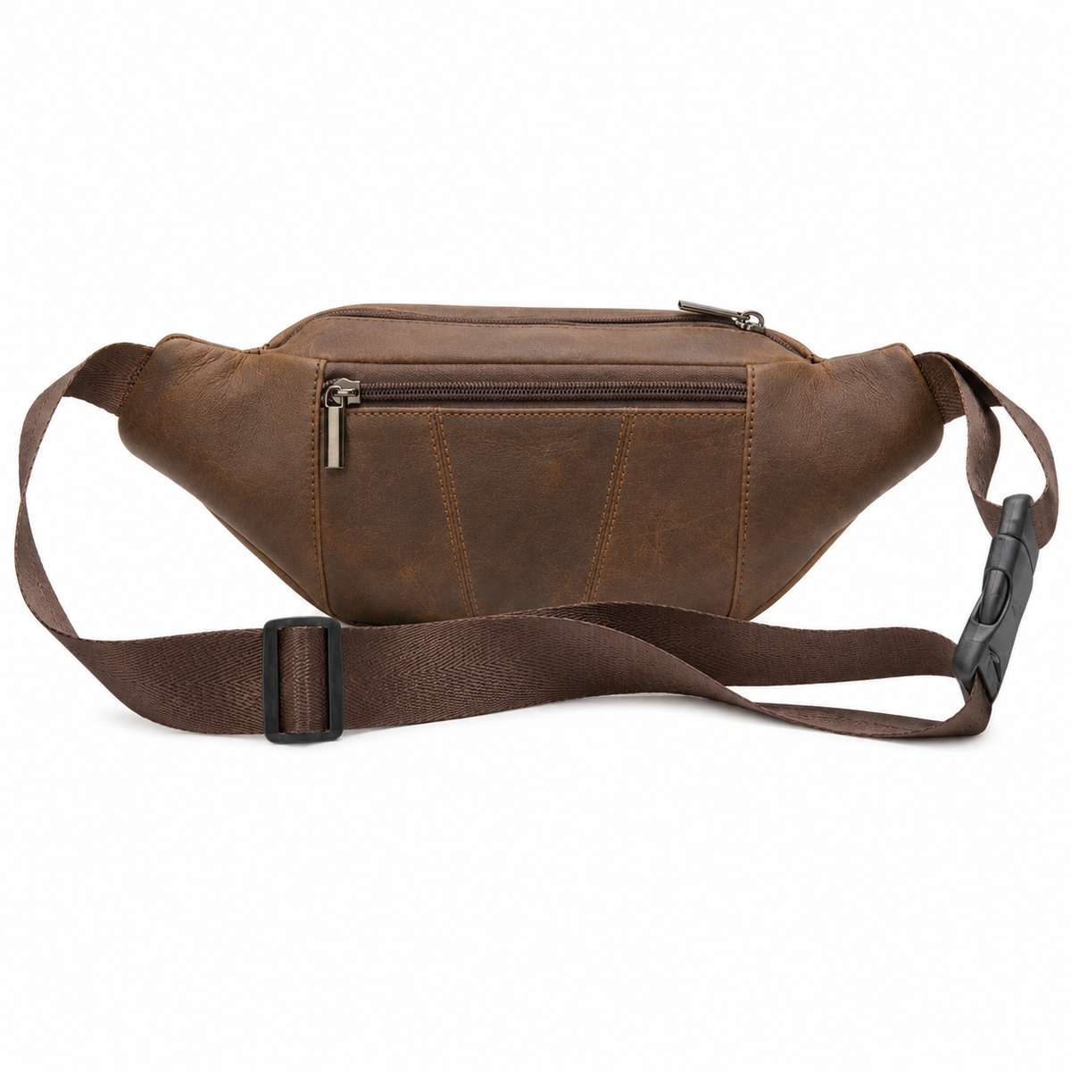 A brown faux-leather fanny pack with a matching adjustable brown webbing strap and black plastic buckle, shown against a plain white background.