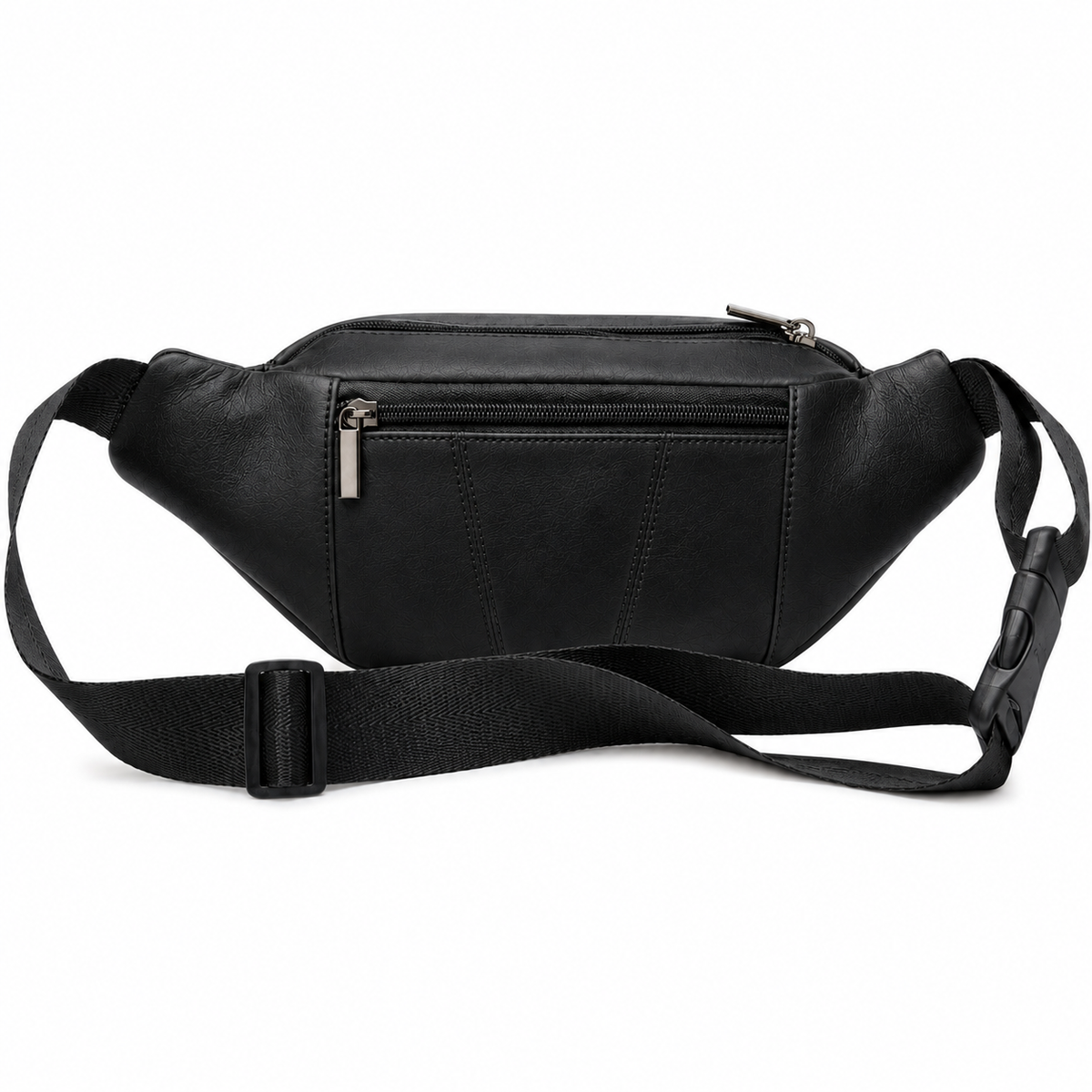 A black faux-leather waist bag with a zippered front pocket and an adjustable black webbing strap, shown against a plain white background.
