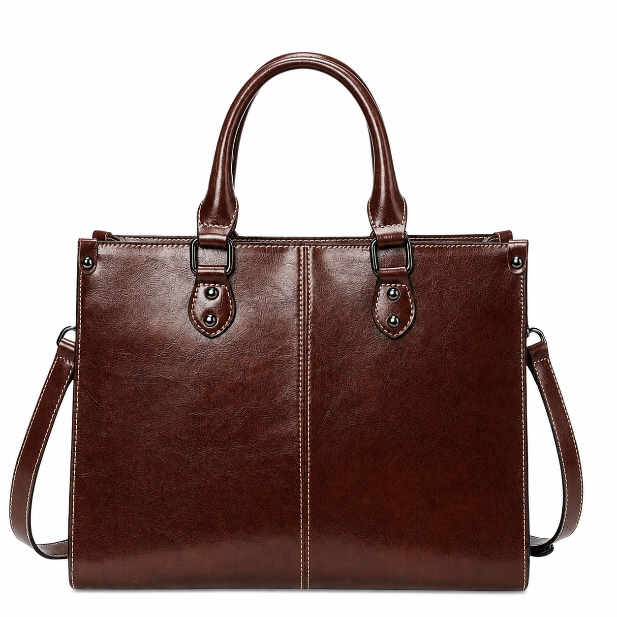 A dark brown faux-leather handbag with dual top handles and a detachable shoulder strap, shown against a plain white background.