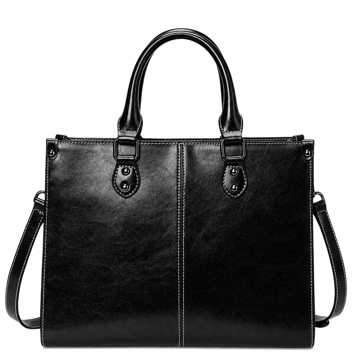 A black faux-leather handbag with dual top handles and a detachable shoulder strap, shown against a plain white background.