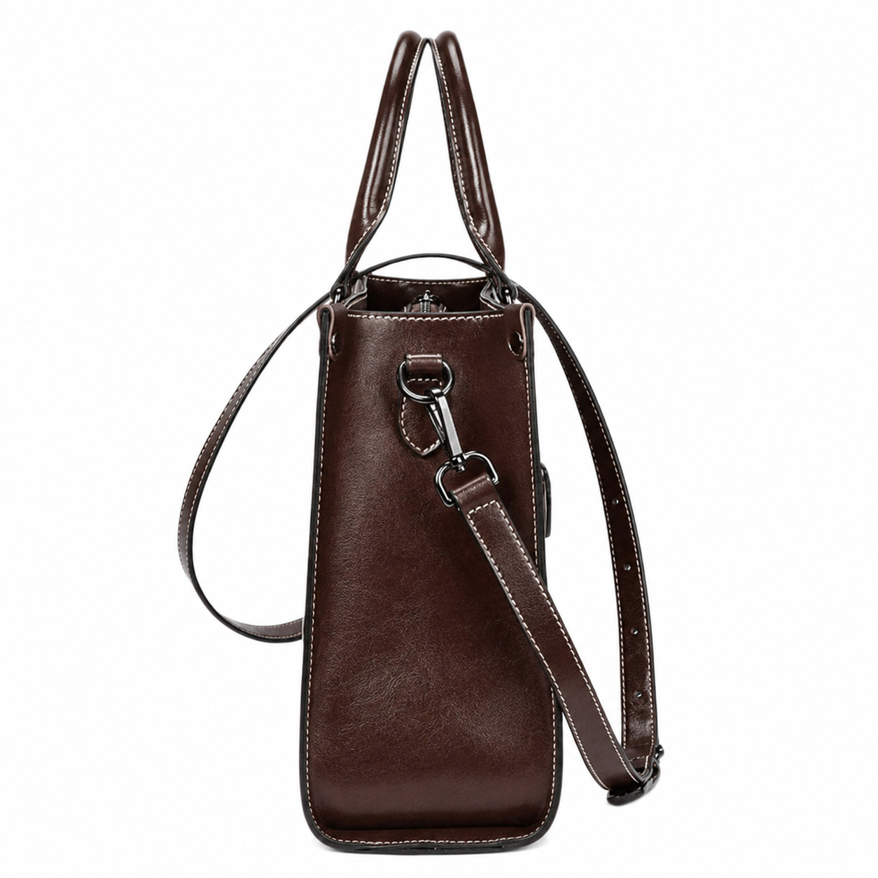 A dark brown leather shoulder bag with a top handle, adjustable shoulder strap, and silver-tone hardware, shown against a plain white background.