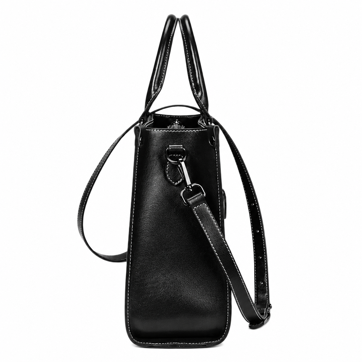 A black leather shoulder bag with dual top handles and a detachable shoulder strap, shown from the side against a plain white background.