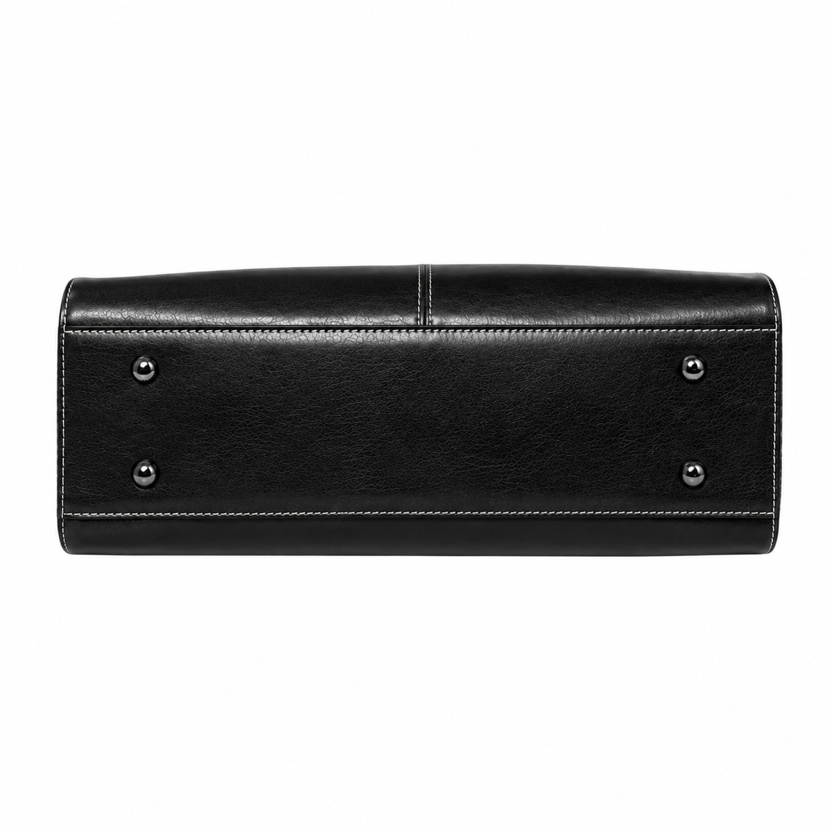 Black leather clutch bag with silver-tone metal studs and contrast stitching, shown from the back against a plain white background.