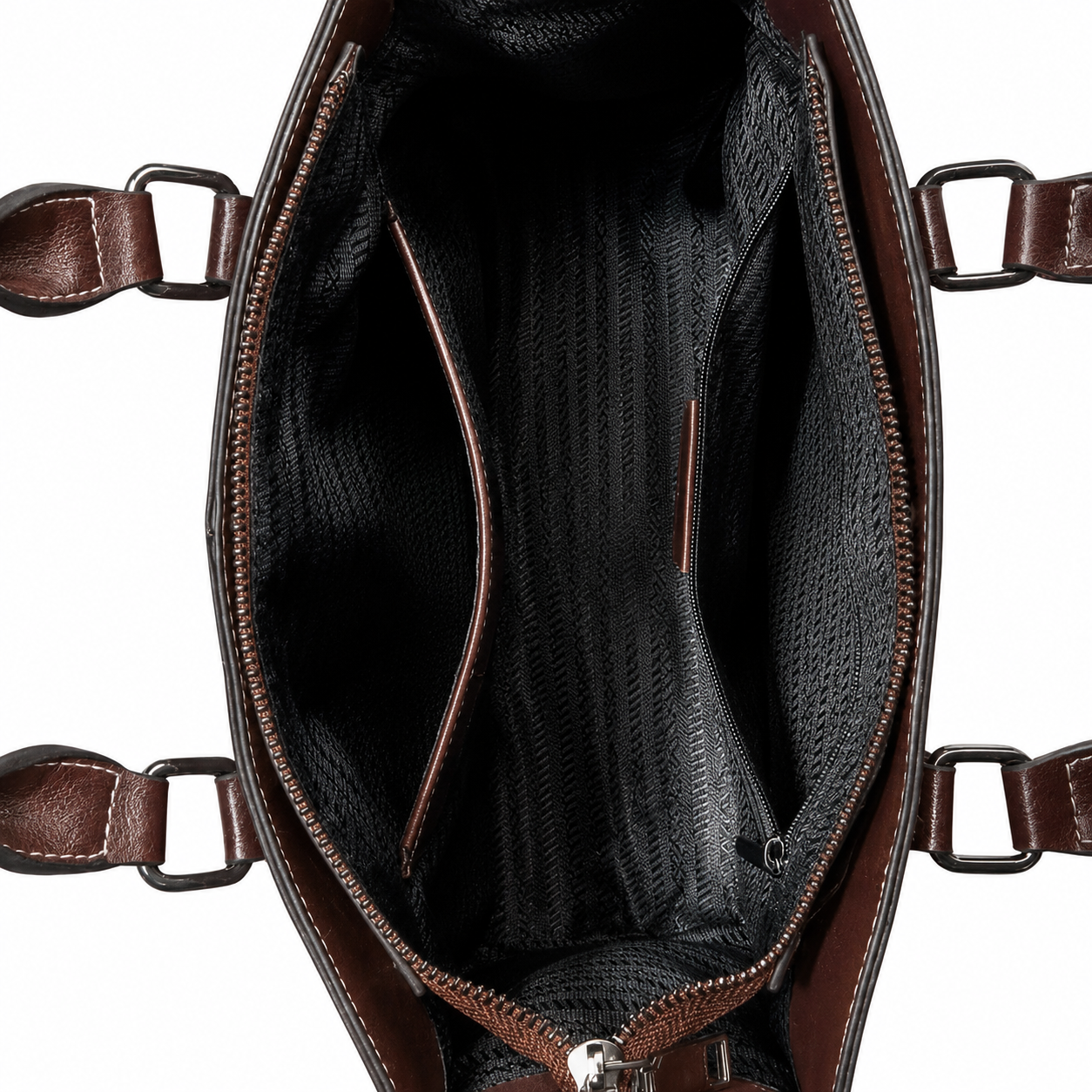 Open view of a brown leather handbag showing the black mesh interior lining, zipper compartments, and side strap attachments on a white background.