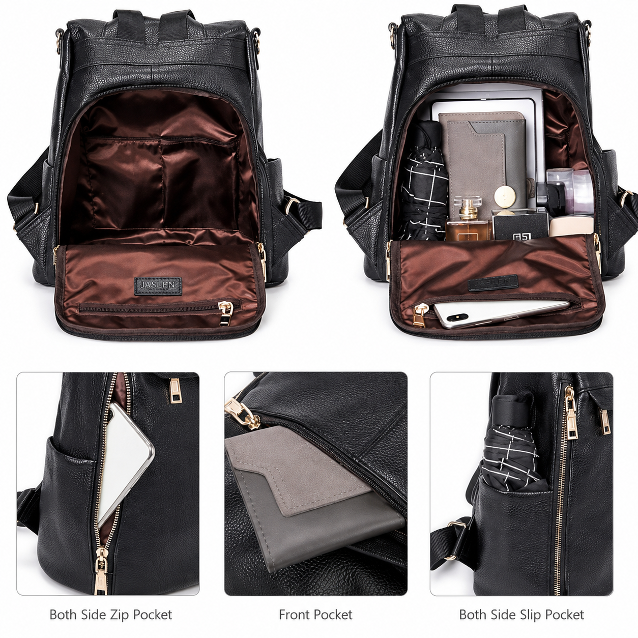 Black faux-leather backpack shown open from the front and back, with three detail inset photos showing side zip pocket, front pocket, and side slip pocket. The backpack has a brown satin interior lining and gold-tone hardware.
