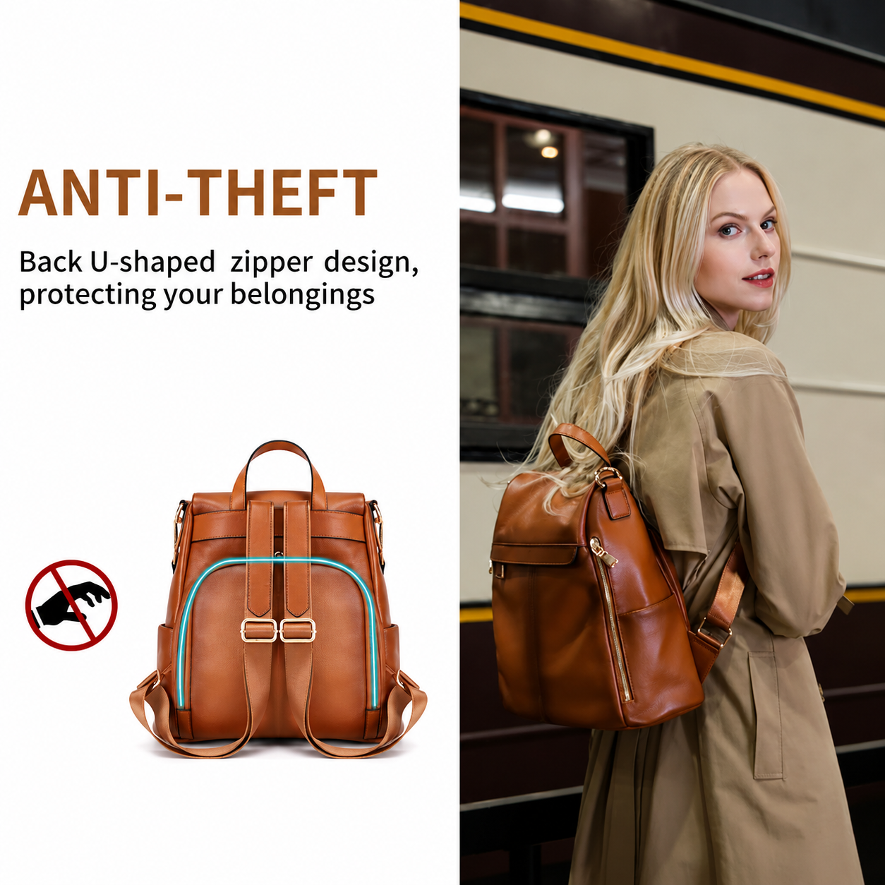 A split promotional image showing a brown leather backpack. The left side has text reading 'ANTI-Theft' and 'Back U-shaped zipper design, protecting your belongings' with a small hand-blocking icon, and a standalone view of the backpack.